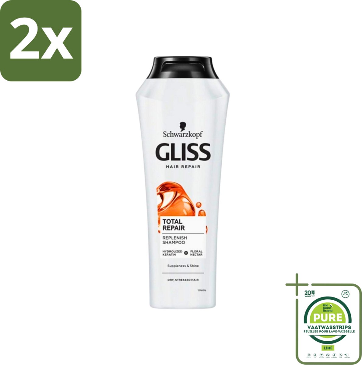 Gliss-Kur - Shampoo - Total Repair - Herstelt & Versterkt - Gehydroliseerd - 400 ml - Voordeelverpakking - 2 stuks - Herstel haar - Versterk haar