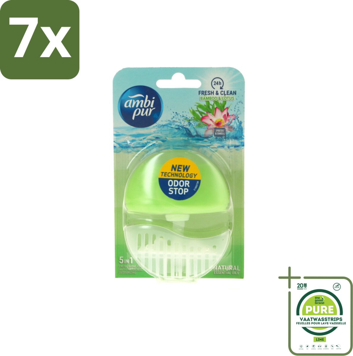 7 x Ambi Pur Toiletblok Starterkit 5in1 Bamboo & Lotus - Grootverpakking - Toiletblok - Toiletpot - Reiniging - Frisheid - Kalkaanslag