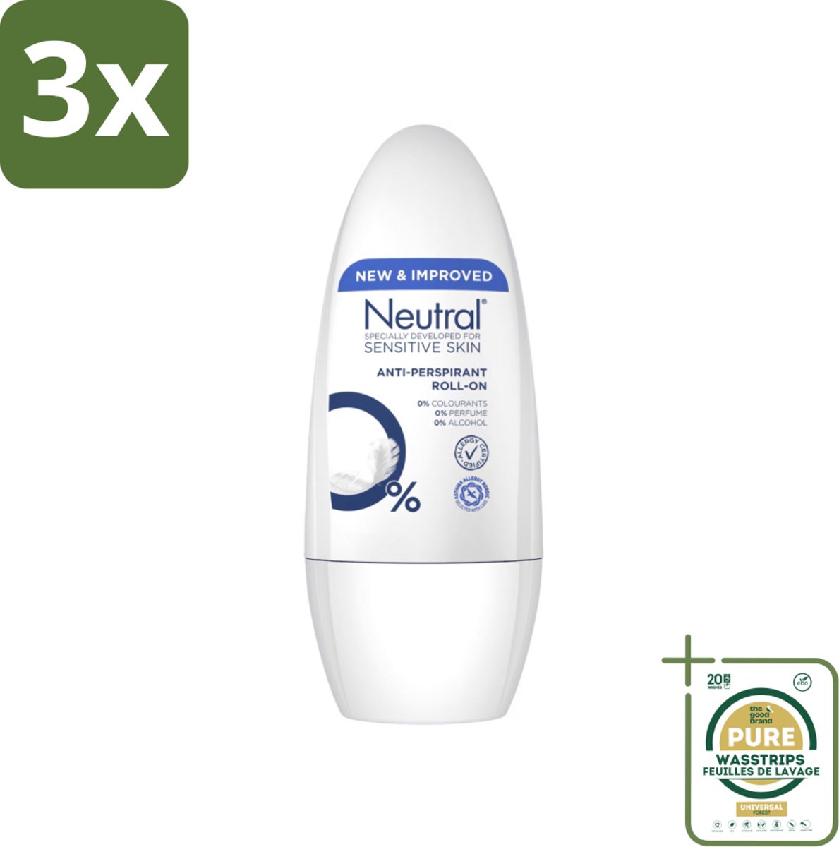 3 x Neutral - Deodorant Roller - Gevoelige Huid - Anti-perspirant - 0% Parfum, Kleurstof & Alcohol - 50 ml - Grootverpakking - Gevoelige Huid - Anti-perspirant - Deodorant Roller - Biologisch Afbreekbaar - Milieuvriendelijk