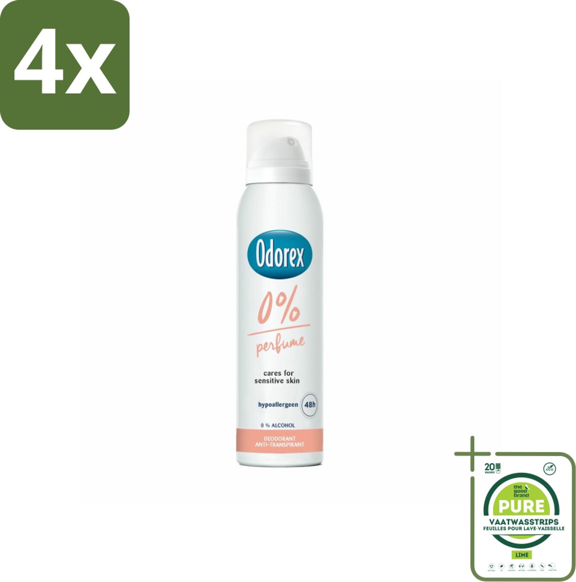 Odorex - Deodorant Spray - 0% Parfum - Zonder Geurstoffen - 150 ml - Voordeelverpakking - 4 stuks - 0% parfum - Geurstoffen