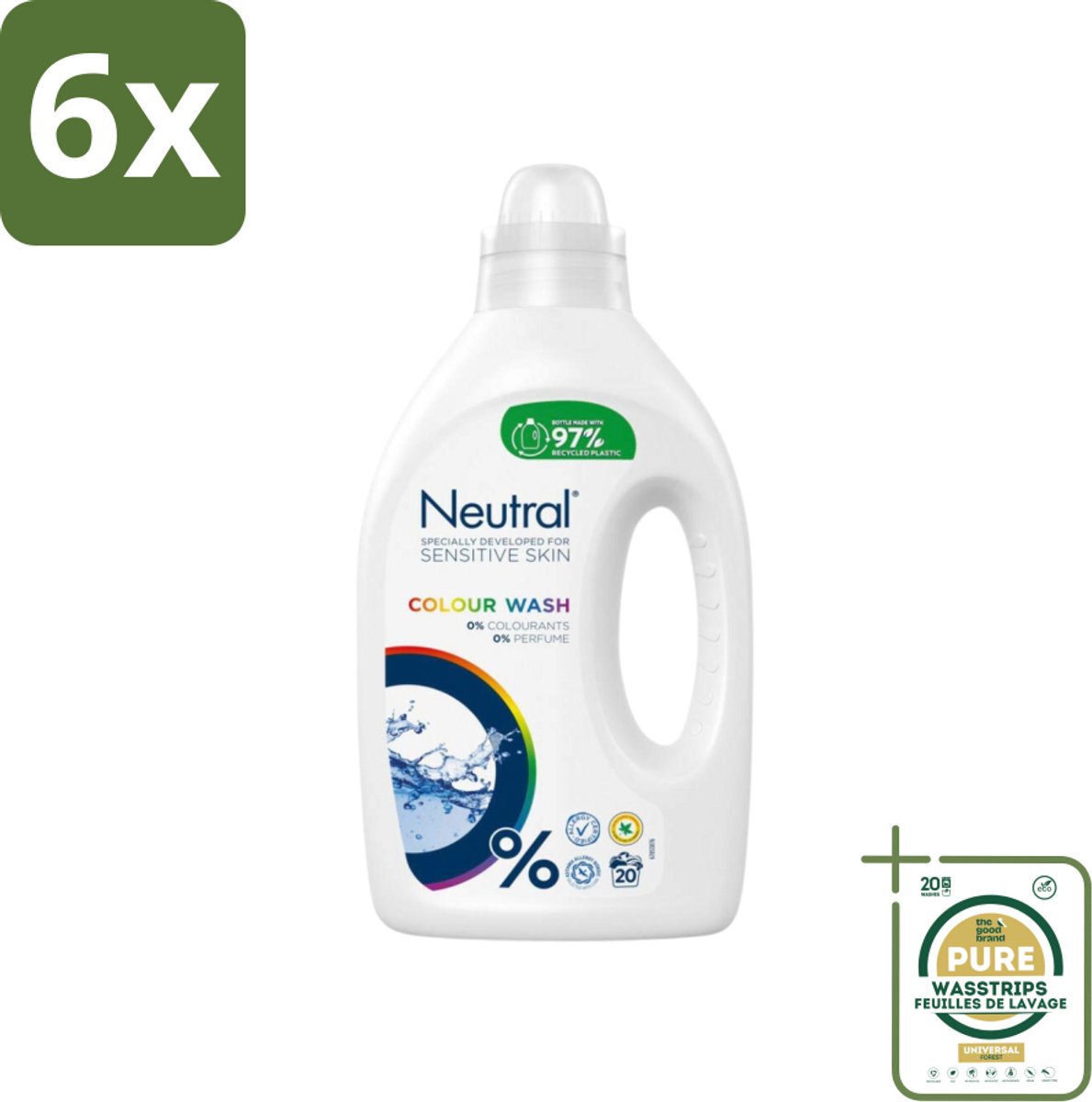 Neutral Vloeibaar Wasmiddel Kleur 20 Wasbeurten 1 liter - Voordeelverpakking - 6 stuks - Wasmiddel zonder parfum - Wasmiddel zonder kleurstof