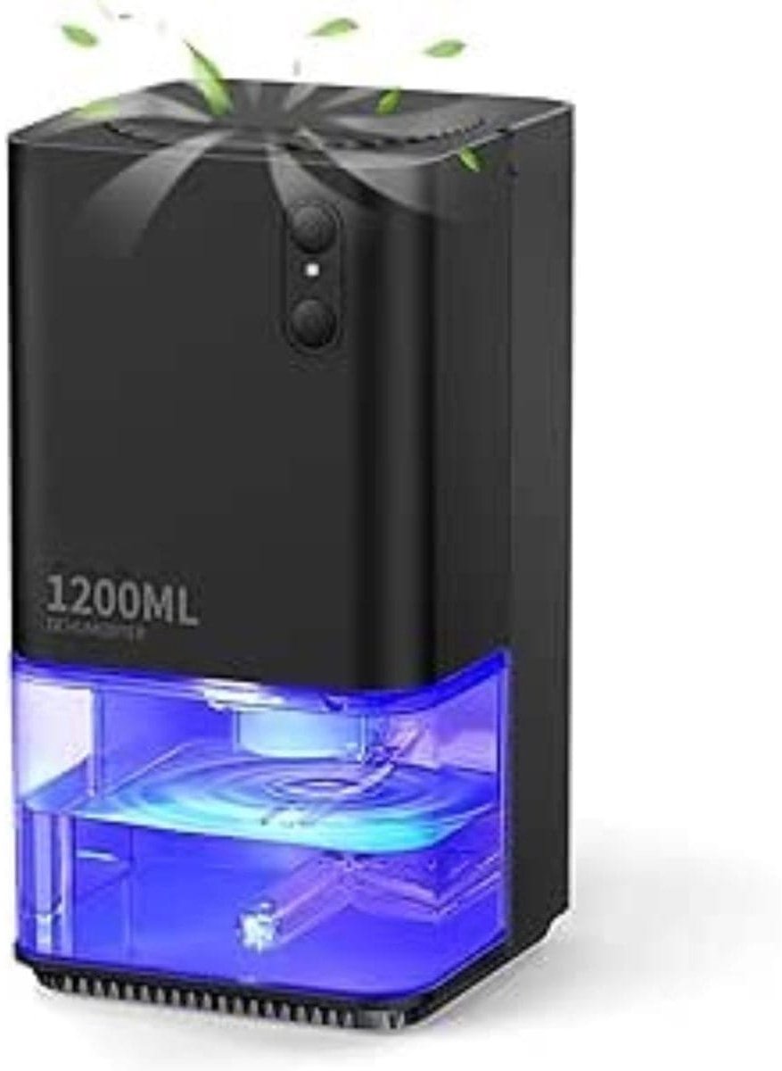 Klarven® Elektrische Vochtvreter Zwart - Stil en Energiezuinig, 400 ml Per Dag - Peltier Technologie, 1200 ml Reservoir, 7 LED-kleuren, Automatische Uitschakeling - B 14 x D 14 x H 26 cm