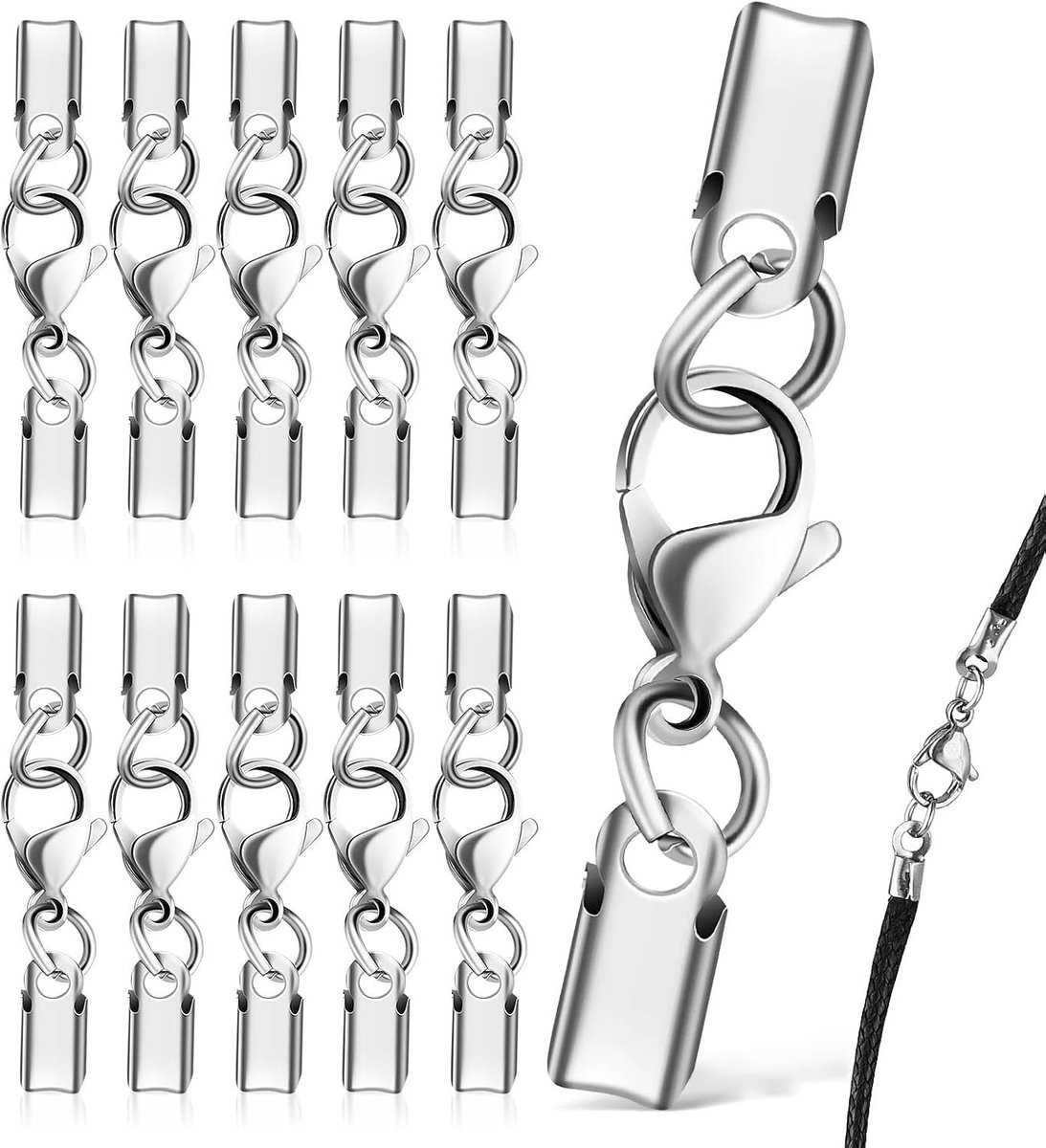 Verbindingsstukken voor leer met koorduiteinden - 12 stuks roestvrijstalen ketting sluitingen voor armband en sieraden maken, ideaal voor DIY-projecten