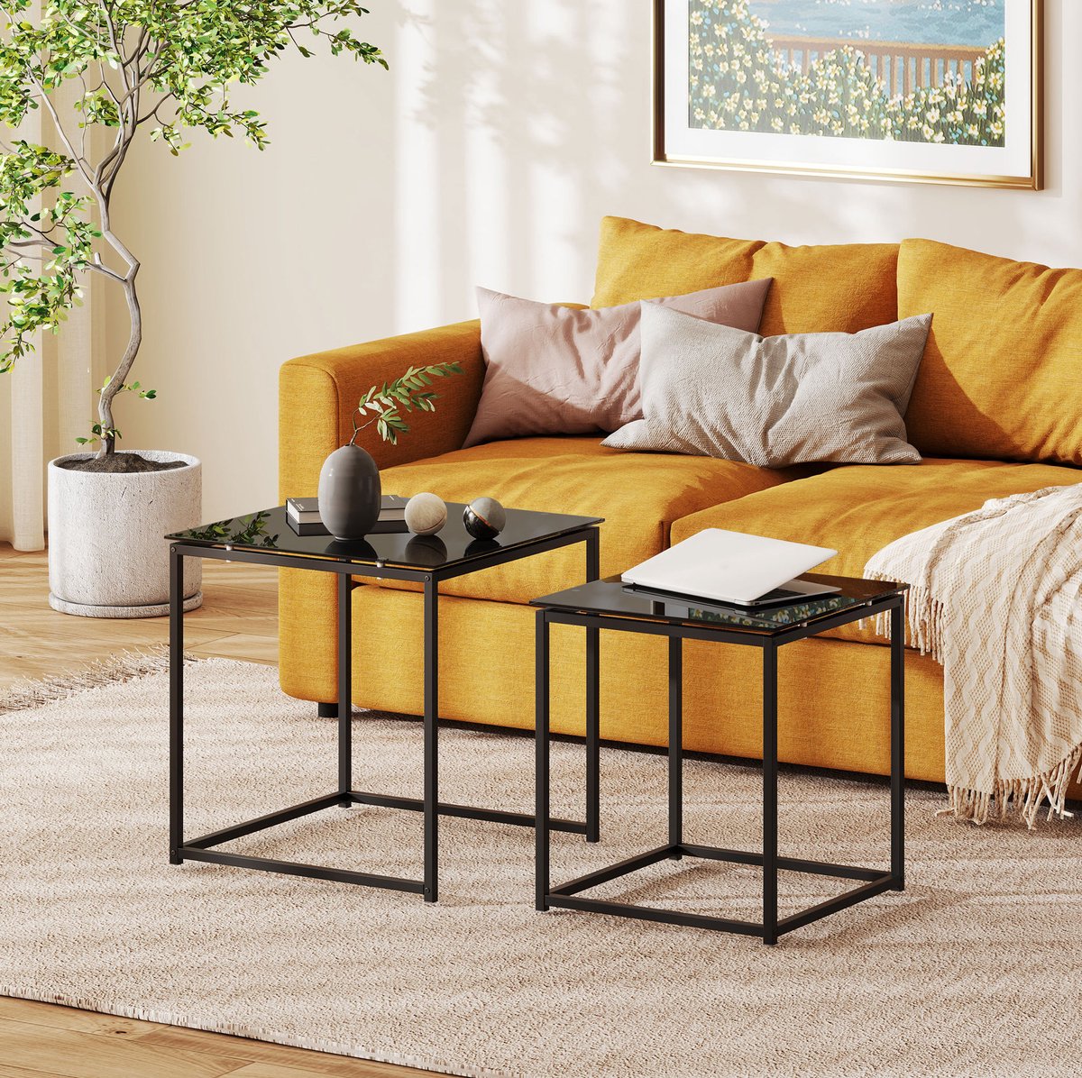 Bijzettafel Set Van 2 - Vierkant Met Gehard Glas En Stalen Frame - Modern Voor Woonkamer - Zwart - 50 X 50 X 52 Cm