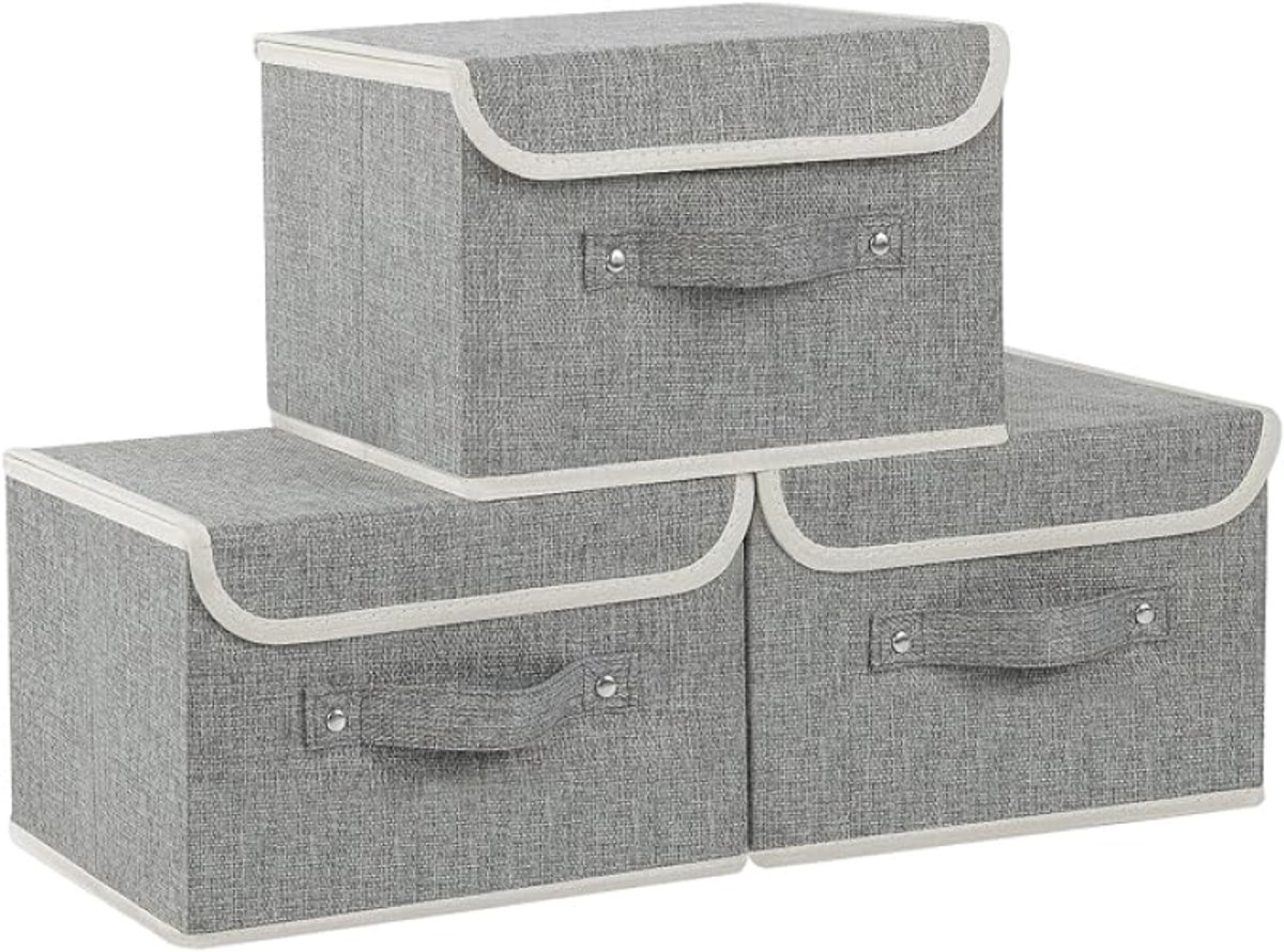 Opbergdozen met deksel, opvouwbare stoffen opbergbakken met handvat, 3 stuks, grijs, 26 x 20 x 17 cm