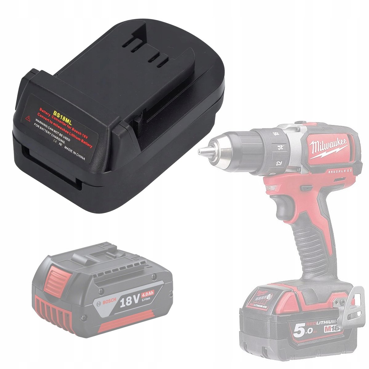 Rosfix Adapter Vervanging BS18ML - Bosch 18V naar Milwaukee 18V - USB 5V 2,1A, ABS+PC - Geschikt voor Milwaukee, Bosch