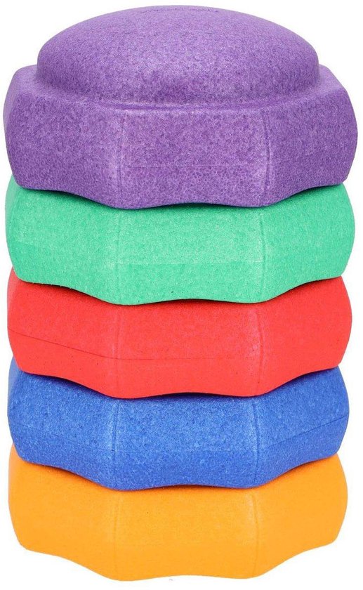 Stapel van vijf Jipy blokken in paars, groen, rood, blauw en oranje.