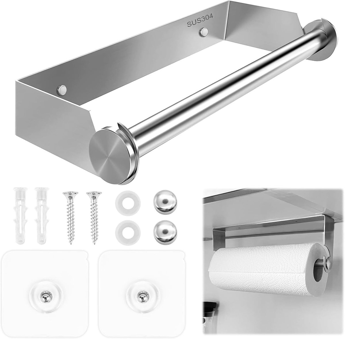 Praktische Rollenhouder voor Keuken zonder Boren, RVS Keukenpapierhouder, Ideaal voor Huishoudelijk Gebruik en Organisatie