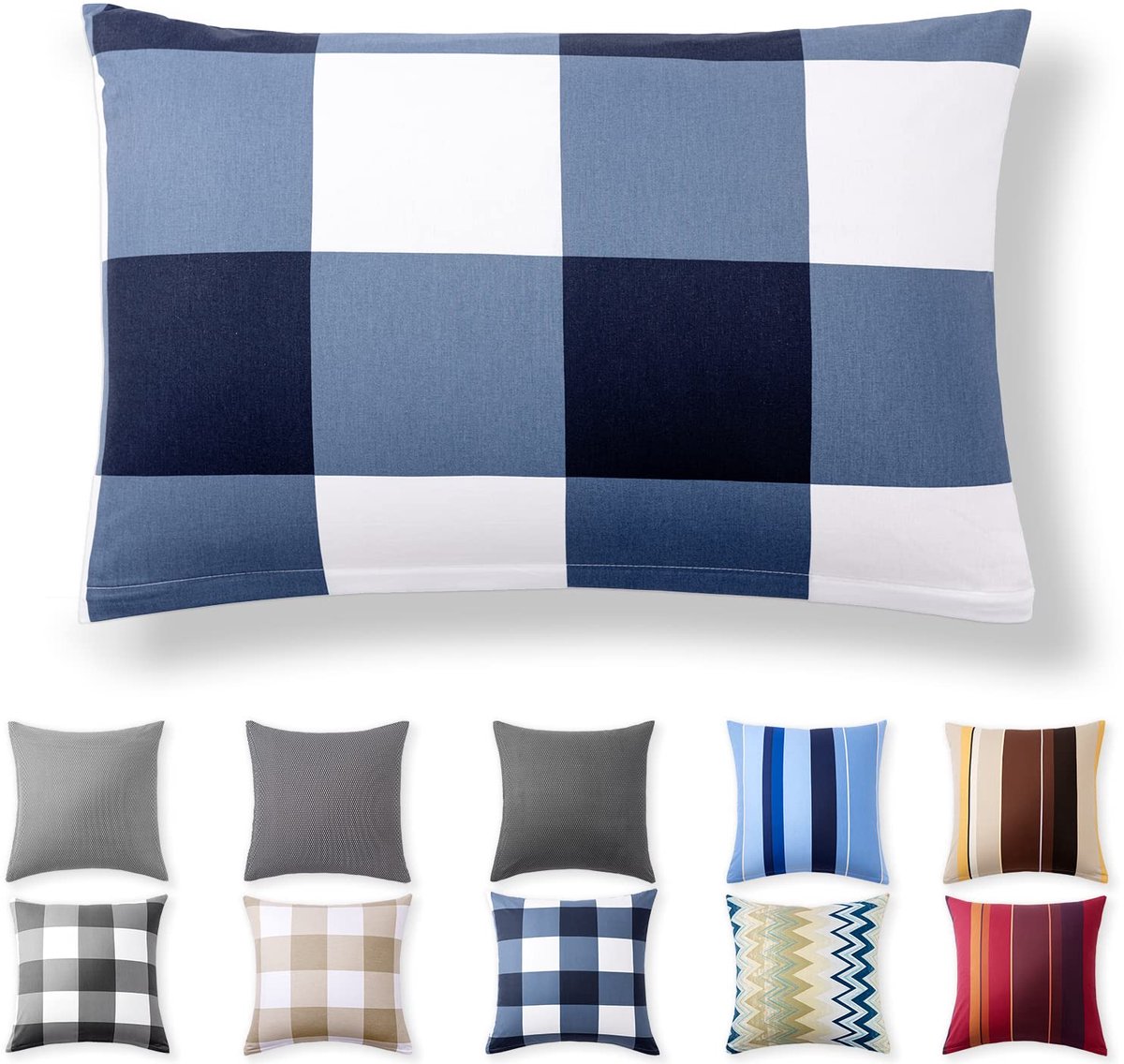 Kussenbezug 40 x 60 cm - 100% Katoen met Versteckte Rits, Blauw Geruit