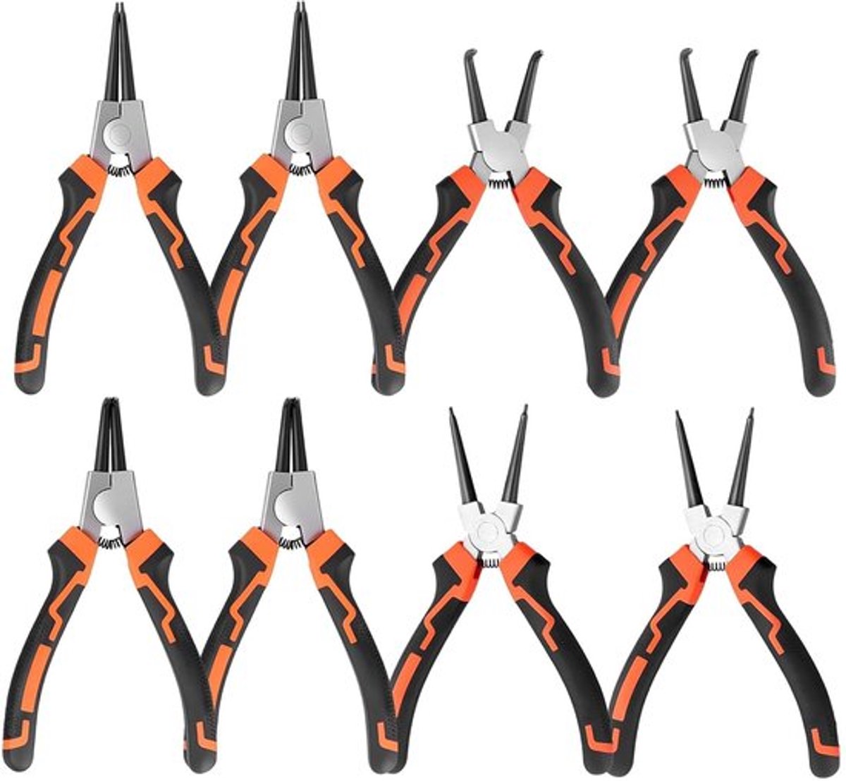 Borgringtang Set 8 Stuks - 7 Inch - Interne/Externe Borgringtang - Rechte/Gebogen Tips - Koolstofstaal - Duurzaam Gebruik - Ringtang