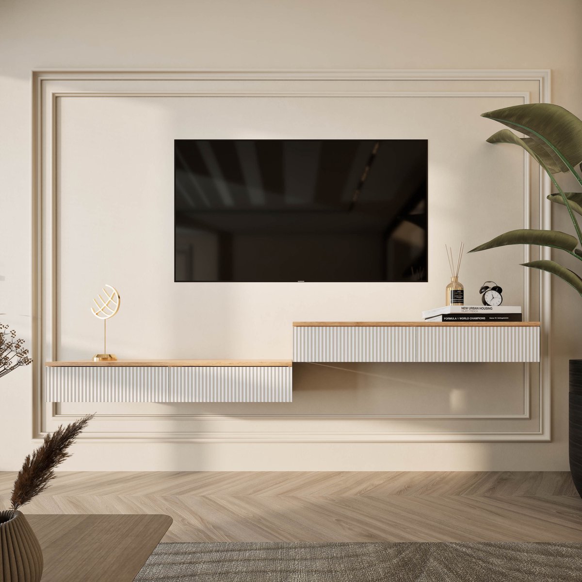 Planetmöbel AMYRA Zwevend TV-meubel 200 cm – 2x 100 cm – Goud Eiken/Wit – Wandhangend – 2 Laden