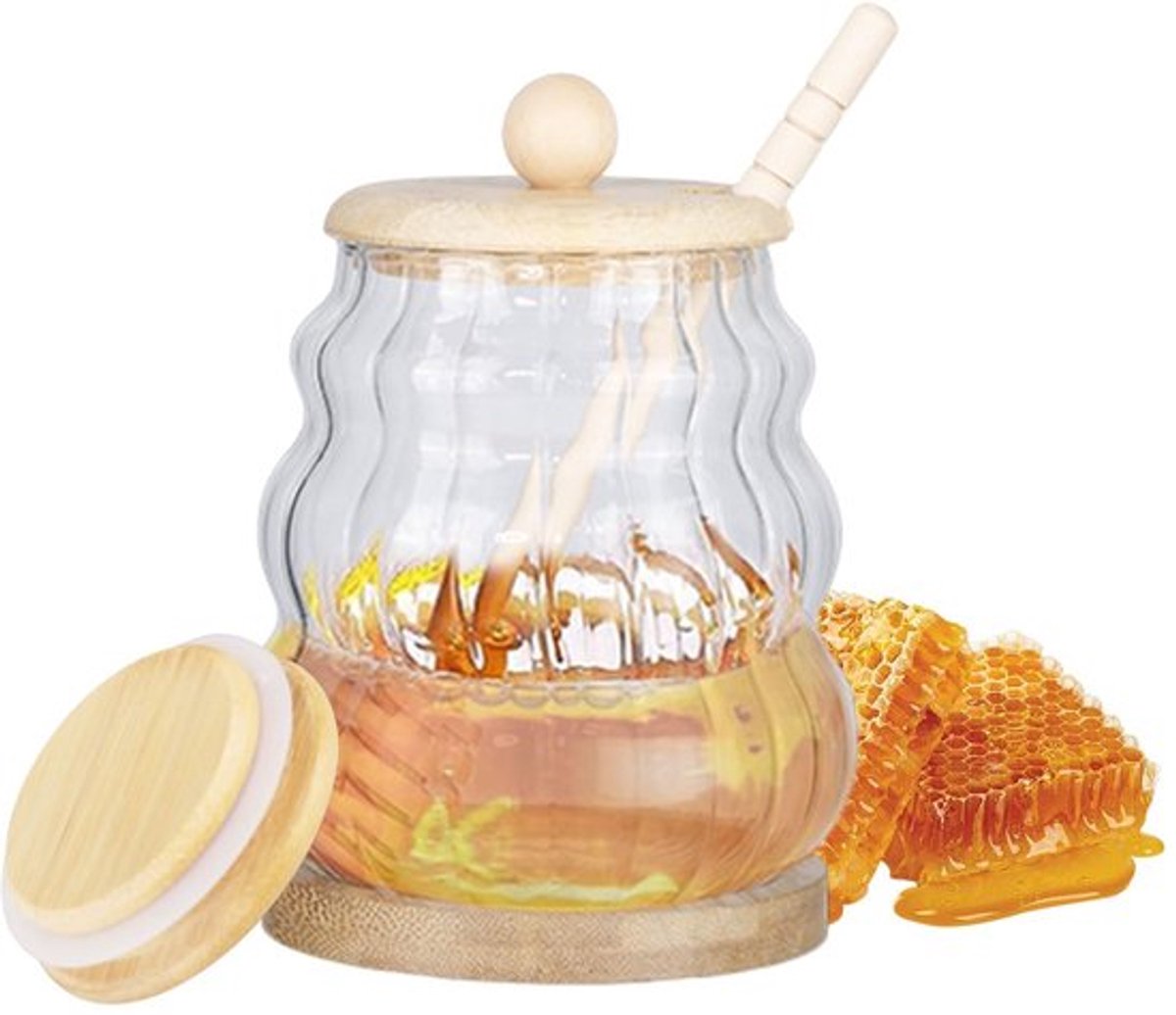 Honingdispenser Druppelvrij - Honingpot met Deksel - Glazen Pot - Houten Lepel - Luchtdichte Sluiting - Royale Inhoud 15 Ons