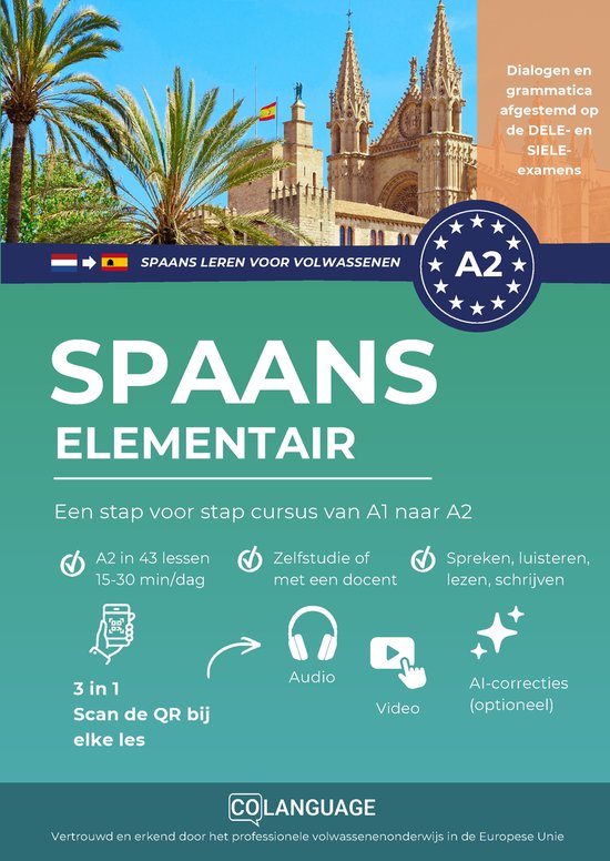 Cursus Spaans elementair A2 met iconen voor audio, video en correcties. Met Spaanse vlag en iconen.