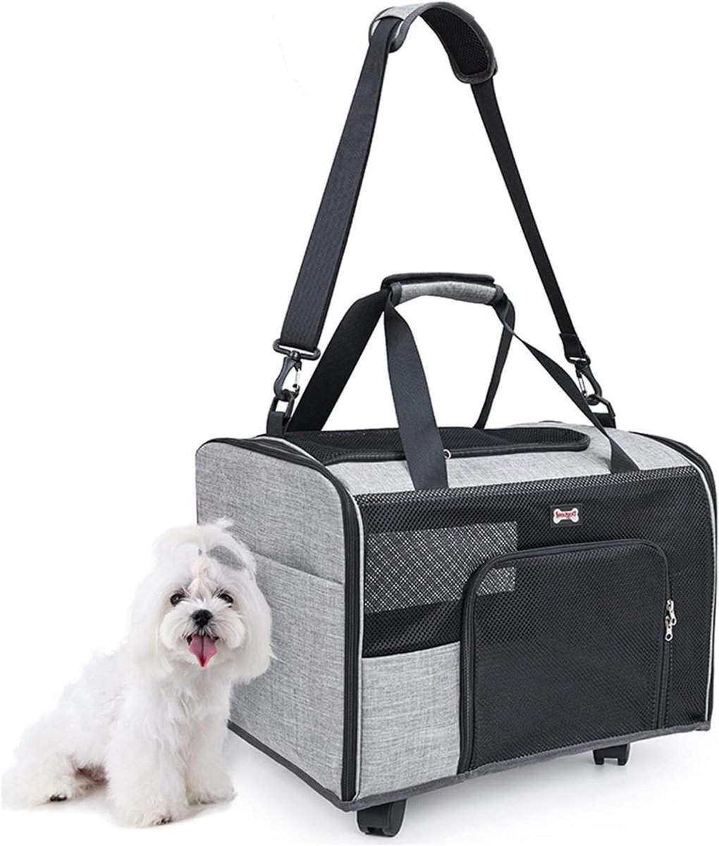 Huisdier Draagtas met Wielen - Reisdrager Hond Kat - Comfortabel Reizen - Slijtvast Waterdicht - 47x38x30 cm - Grijs