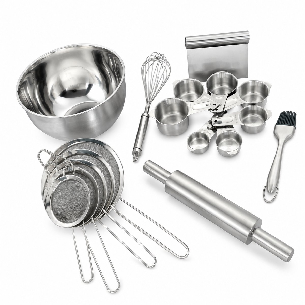 My Green Deal RVS Bakset – Complete Bakgerei Set met Mengkom 4,5L, Deegroller, Garde, Maatcups, 5 Zeven, Deegschraper & Bakkwast