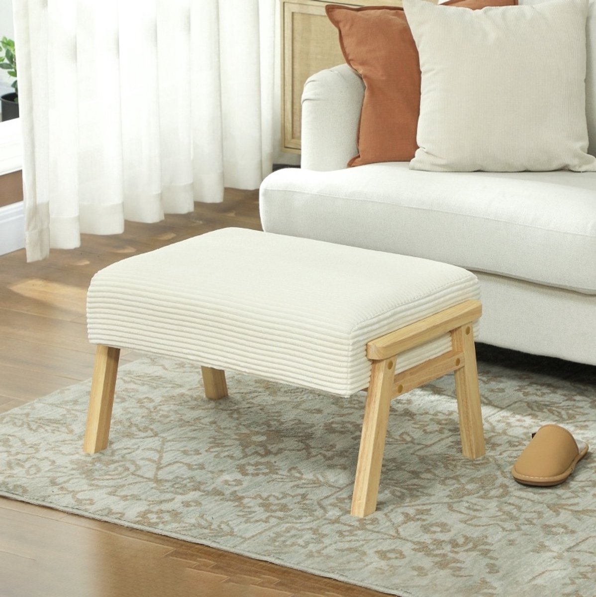 Hocker Cordoptiek – 70 x 46 x 40 cm – Houten Poten – Crèmewit – Zachte Vulling – Voor Binnengebruik