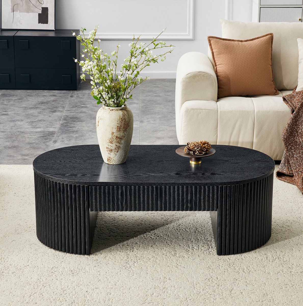DESMIU Salontafel Ovaal Met Lade En Rillenstructuur Voor Woonkamer Modern Zwart MDF 105 X 54 X 38 Cm