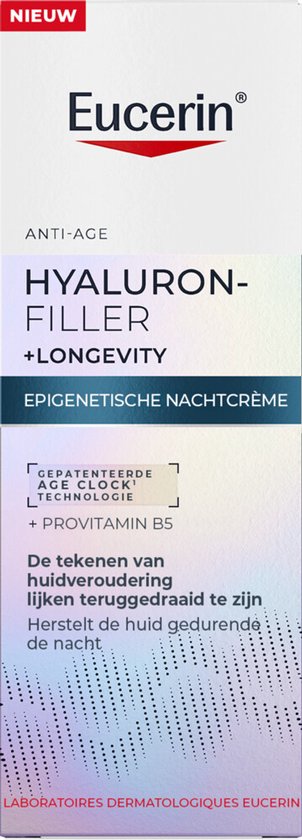 Doosje Eucerin Hyaluron-Filler + Longevity Epigenetische Nachtcrème met productinformatie.