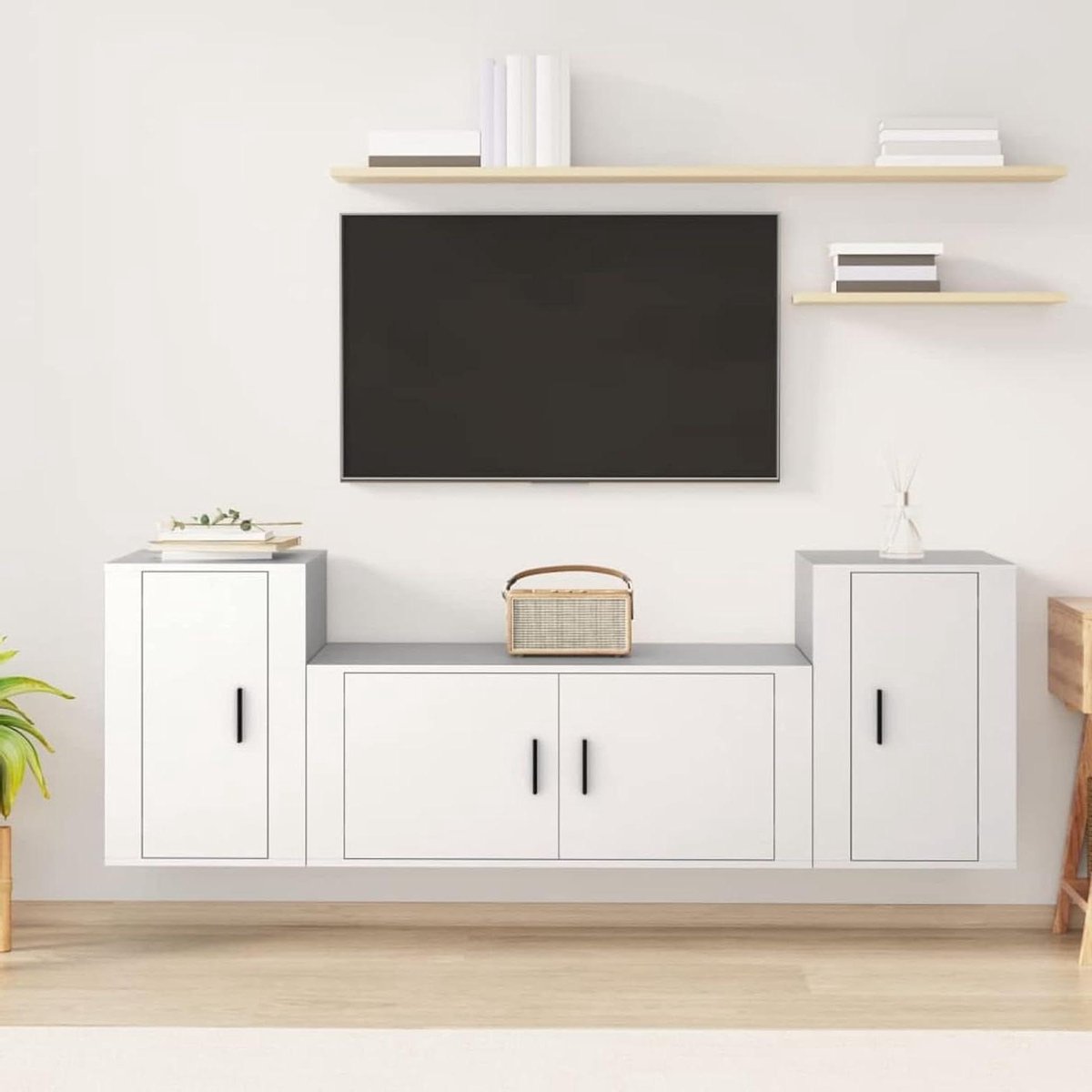 Tv-meubelset - Tv-wandmeubel Woonkamerset - Opbergen Woonkamer - Wandmontage - 3-delig - Wit