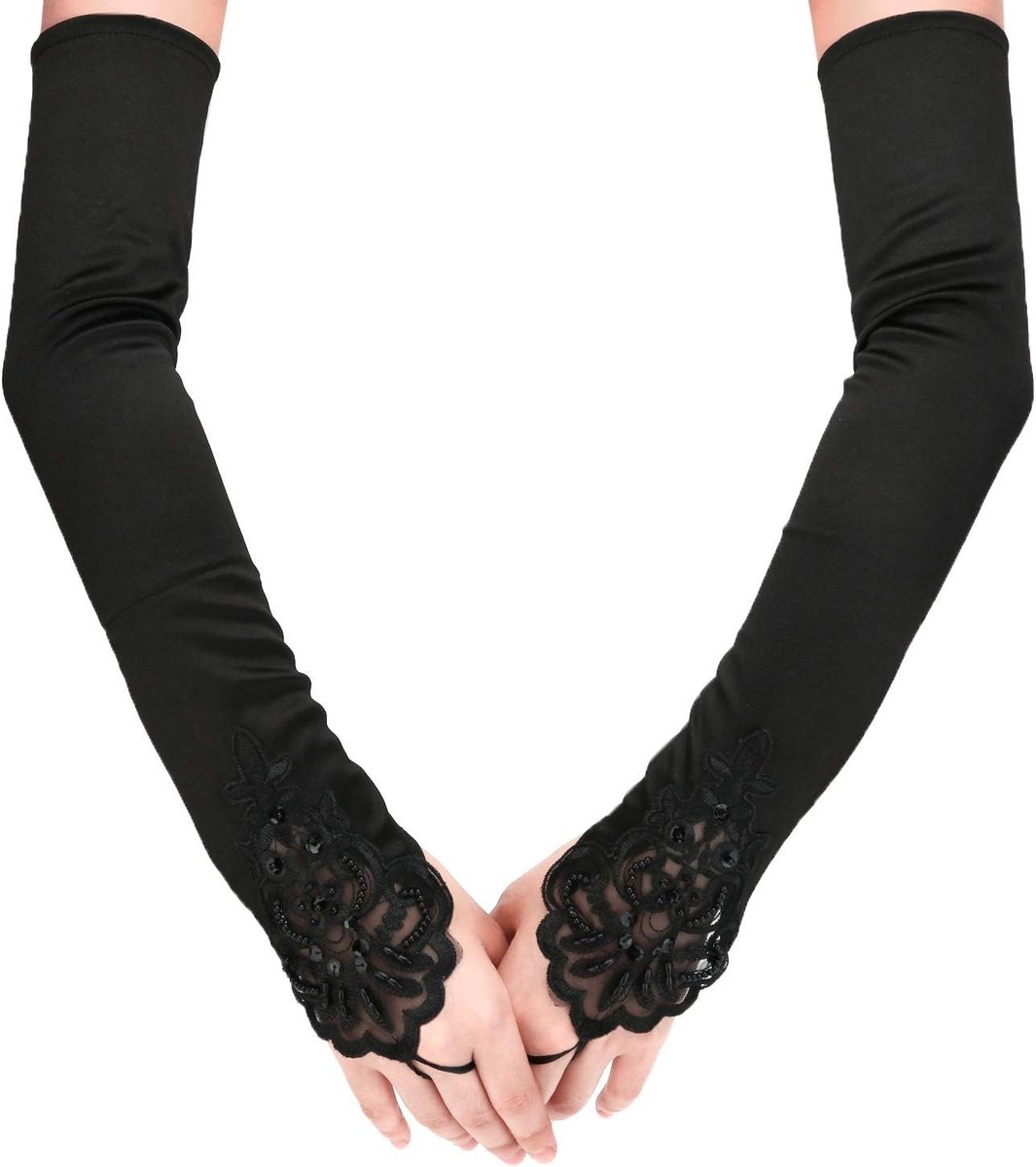 Elegante Lange Satijnen Vingerloze Opera Handschoenen voor Avondfeesten en Speciale Gelegenheden - Zwart, Perfect voor Dames en Meisjes