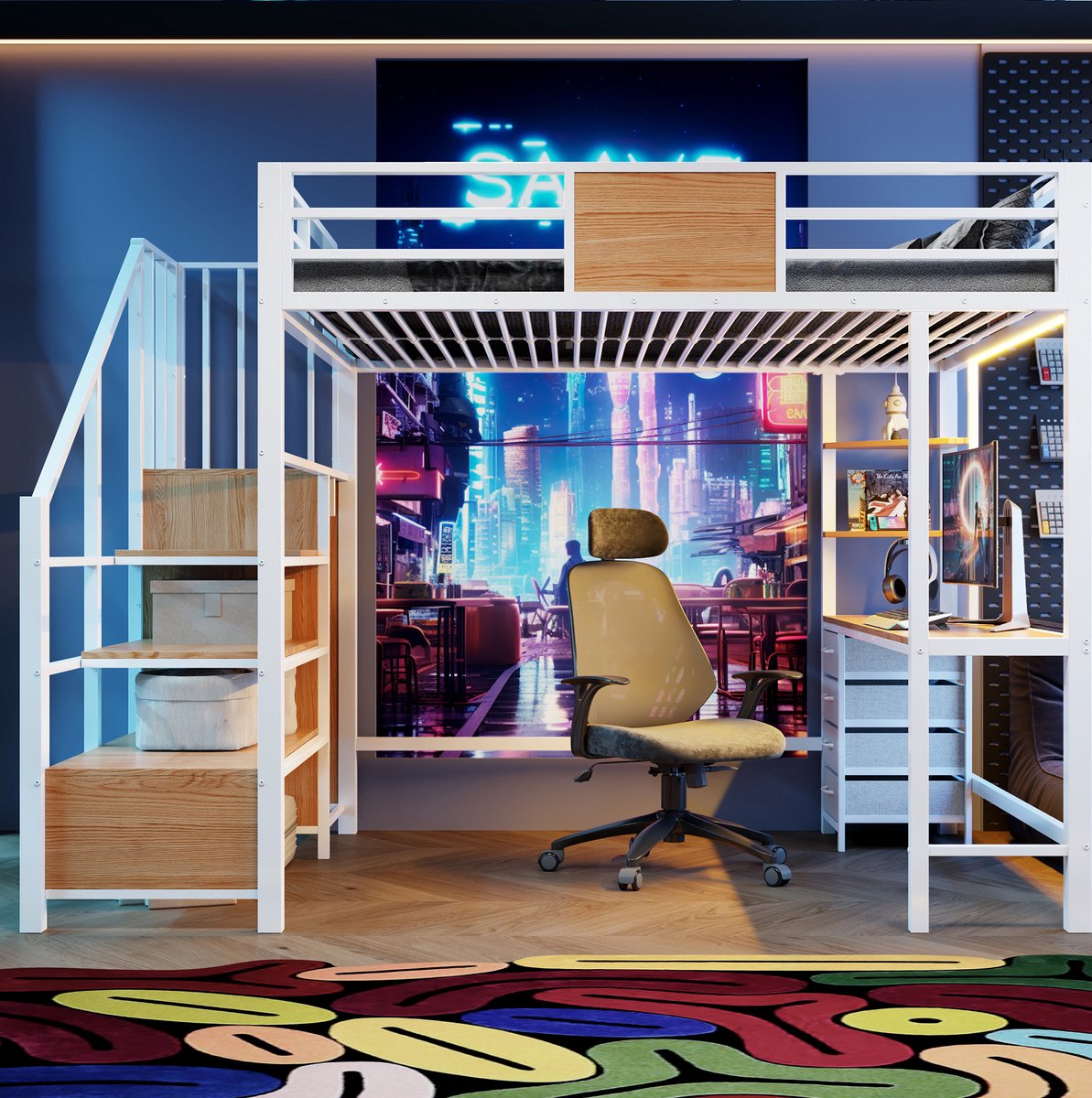 Wishdor Hoogslaper 140x200 cm - met bureau en opbergruimte - met kledingstang en ledverlichting - met stopcontact - wit - metaal en MDF