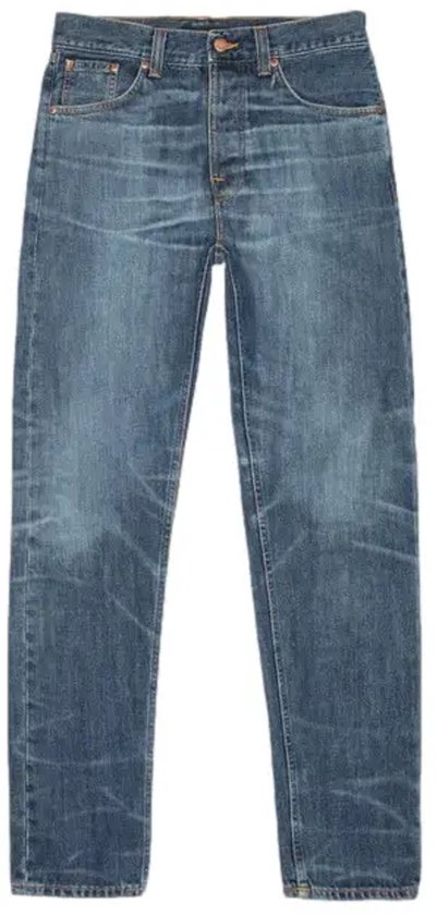 Nudie Jeans Steady Eddie II spijkerbroek in blauwe wassing met knoopsluiting en opvallende vervaagde details.