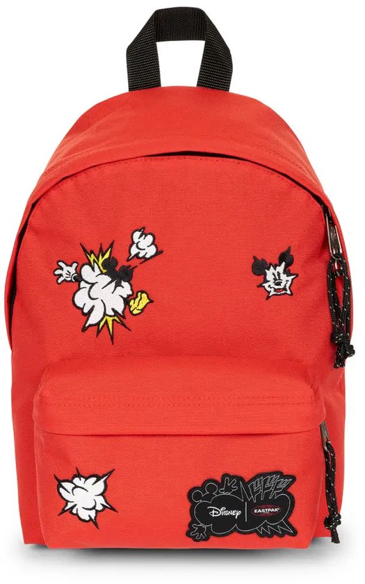 Rode Eastpak rugzak met Mickey Mouse patches en een voorvak.
