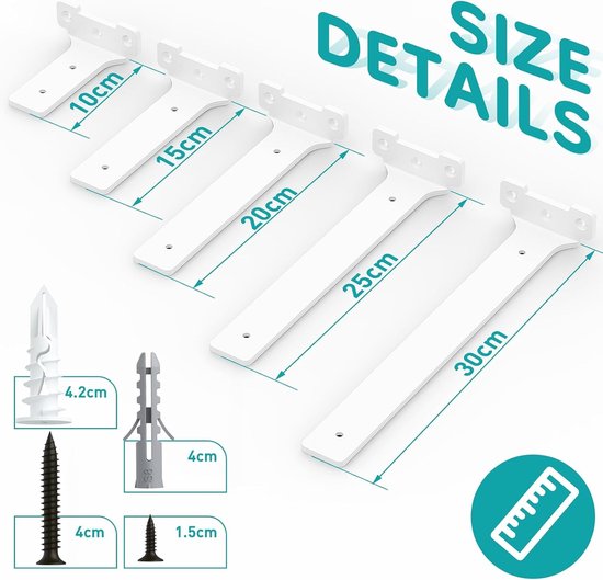 Set van 6 metalen planksteunen van 25 cm met schroeven, 70 kg draagcapaciteit, wit en stevig — afbeelding 4
