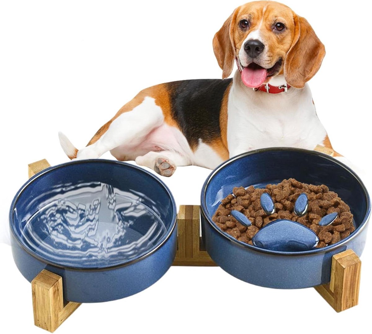 Hondenvoerbak Keramiek - Slow Feeder Kom - Gezond Eten Bevorderen - Antislip Houten Standaard - 36x20x9 cm - Blauw