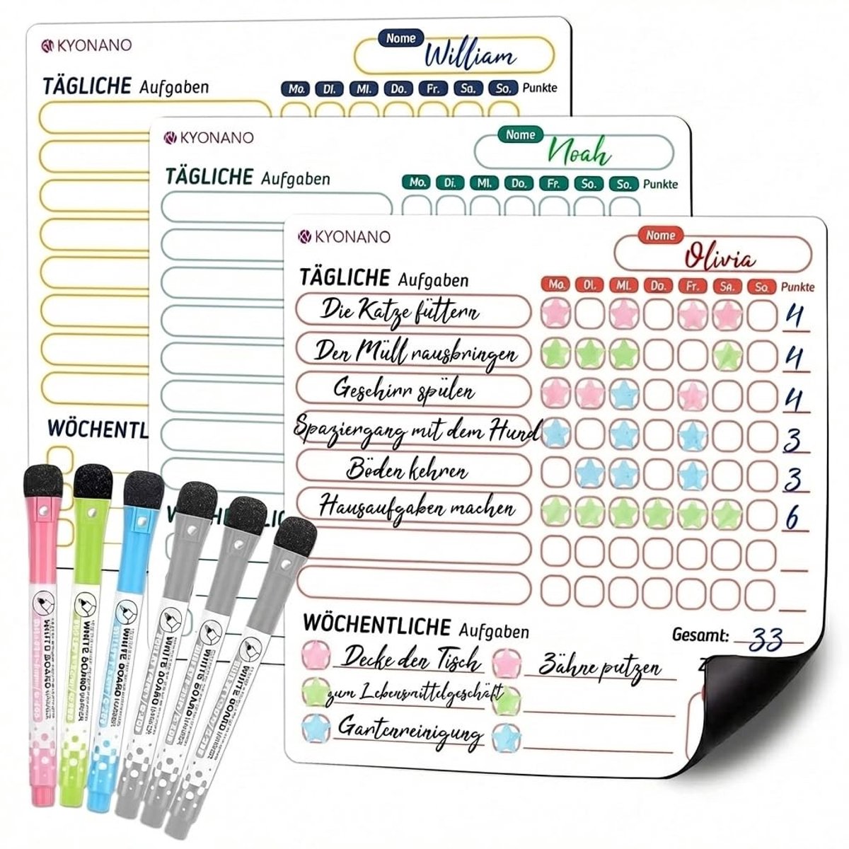 Magnetisch Weekplanner voor Kinderen met 6 Pennen - Leer Verantwoordelijkheid en Organisatie met een Wasbare Familiekalender voor op de Koelkast