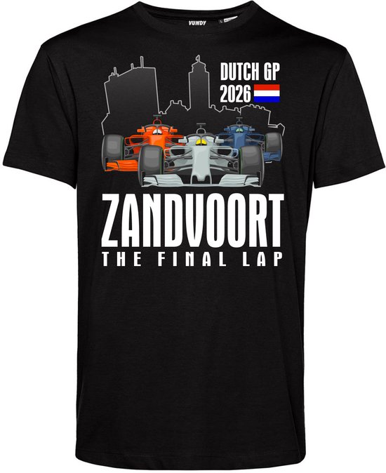 Zwarte t-shirt met oranje en blauwe Formule 1 auto's, "DUTCH GP 2026 ZANDVOORT THE FINAL LAP" tekst en Nederlandse vlag.