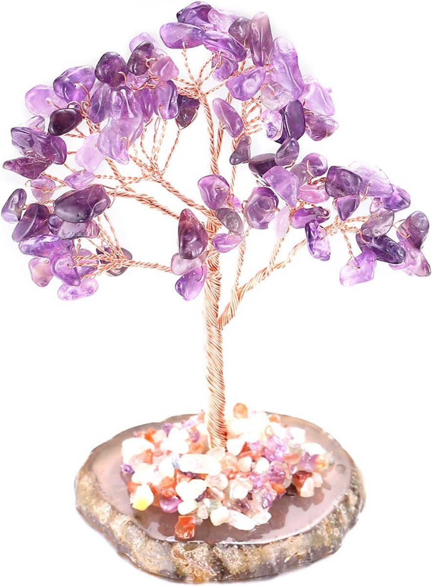 Gezonde Feng Shui Amethist Kwarts Levensboom met Handgewonden Koperdraad en Agaatbasis - 10 cm Hoog, Perfect voor Meditatie en Energie Balans
