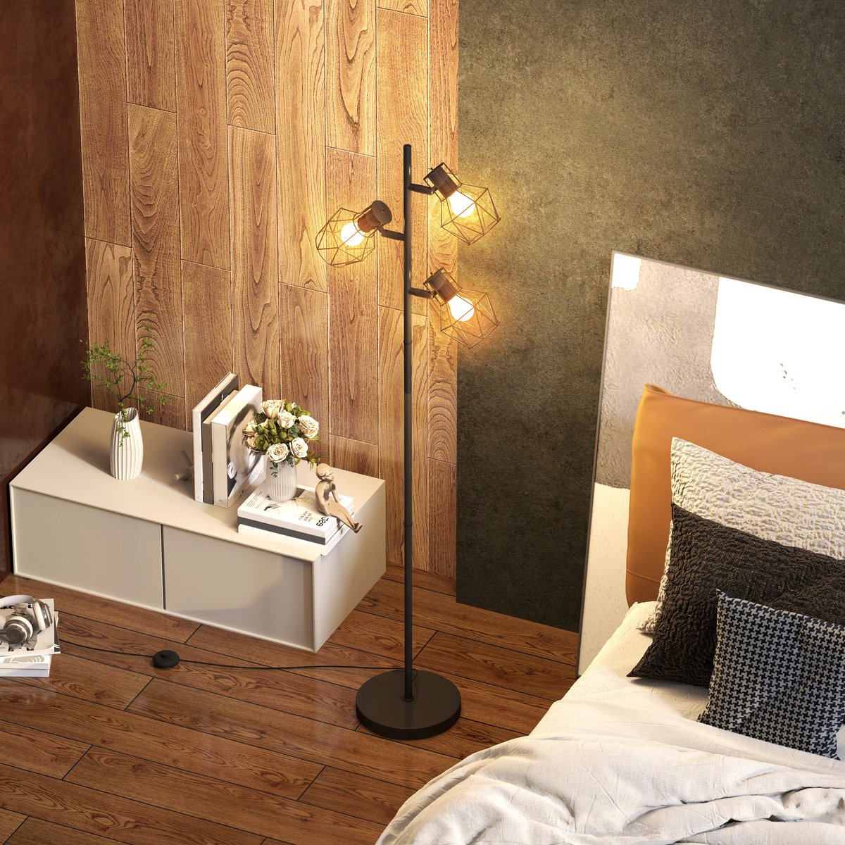 COVREO Staande lamp 41x28x169 cm zwart metaal, 3 E27 lichtpunten