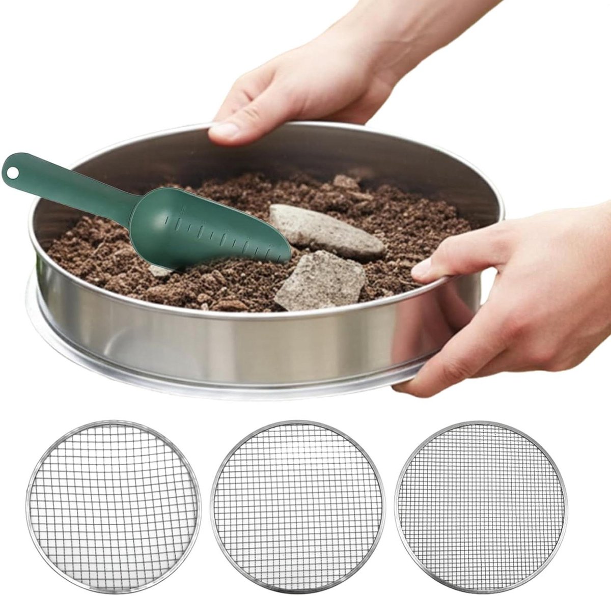 Compost Zeef - Aarde Zeef Tuin - Bodem Voorbereiden - Verwisselbare Mazen - 30x30cm - Zilver