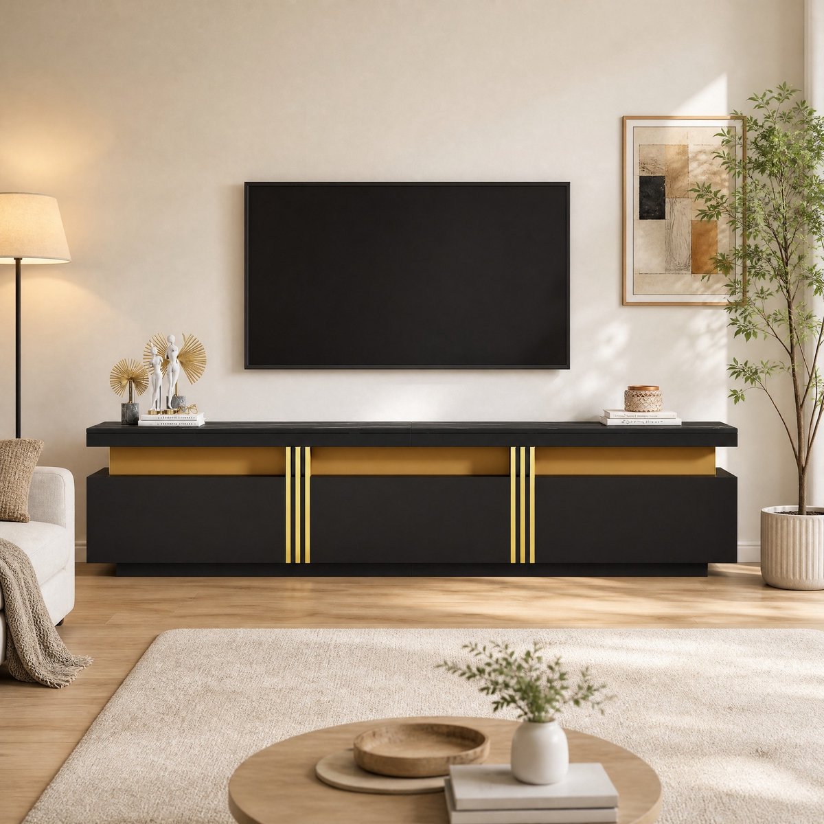 COVREO TV-meubel 200x40x42 cm zwart, spaanplaat, 3 lades en kabelmanagement