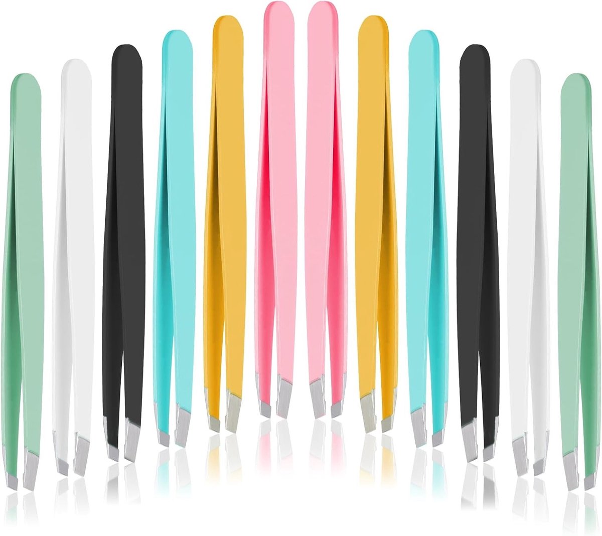 Set van 12 Multicolour Wimperpincetten, RVS Epileerpincetten voor Wimpers en Wenkbrauwen, Rechthoekige en Hoekige Tips, Perfect voor Schoonheid en Make-up
