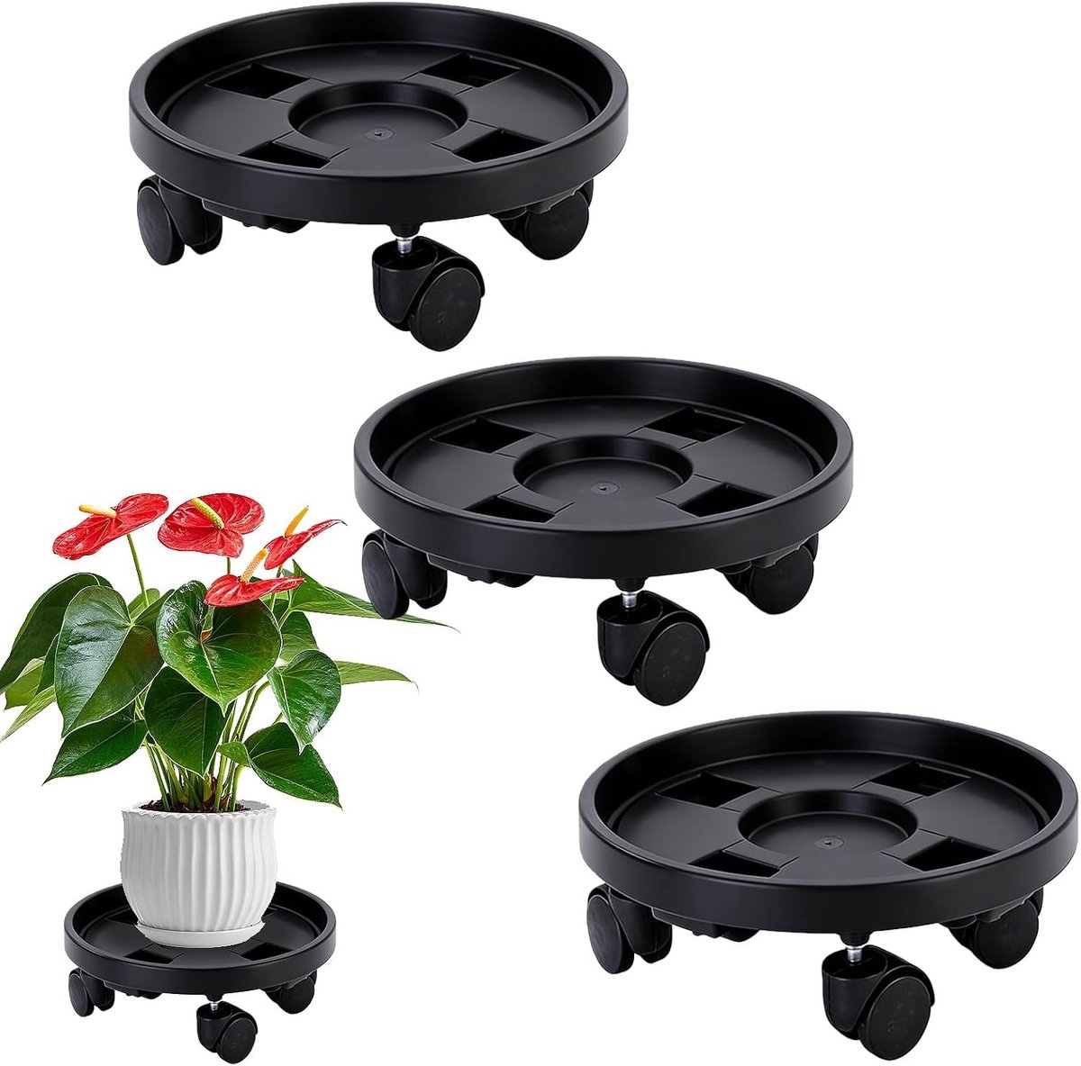 Plantenroller Set - Zwart - 30 cm - Kunststof Bloempotstandaard met Wielen - Voor Binnen en Buiten