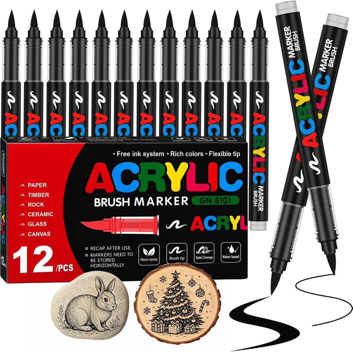 Acrylstiften met Penseelpunt - Zwart - 12 stuks - Waterbasis, Sneldrogend en Geurarm - Voor Volwassenen