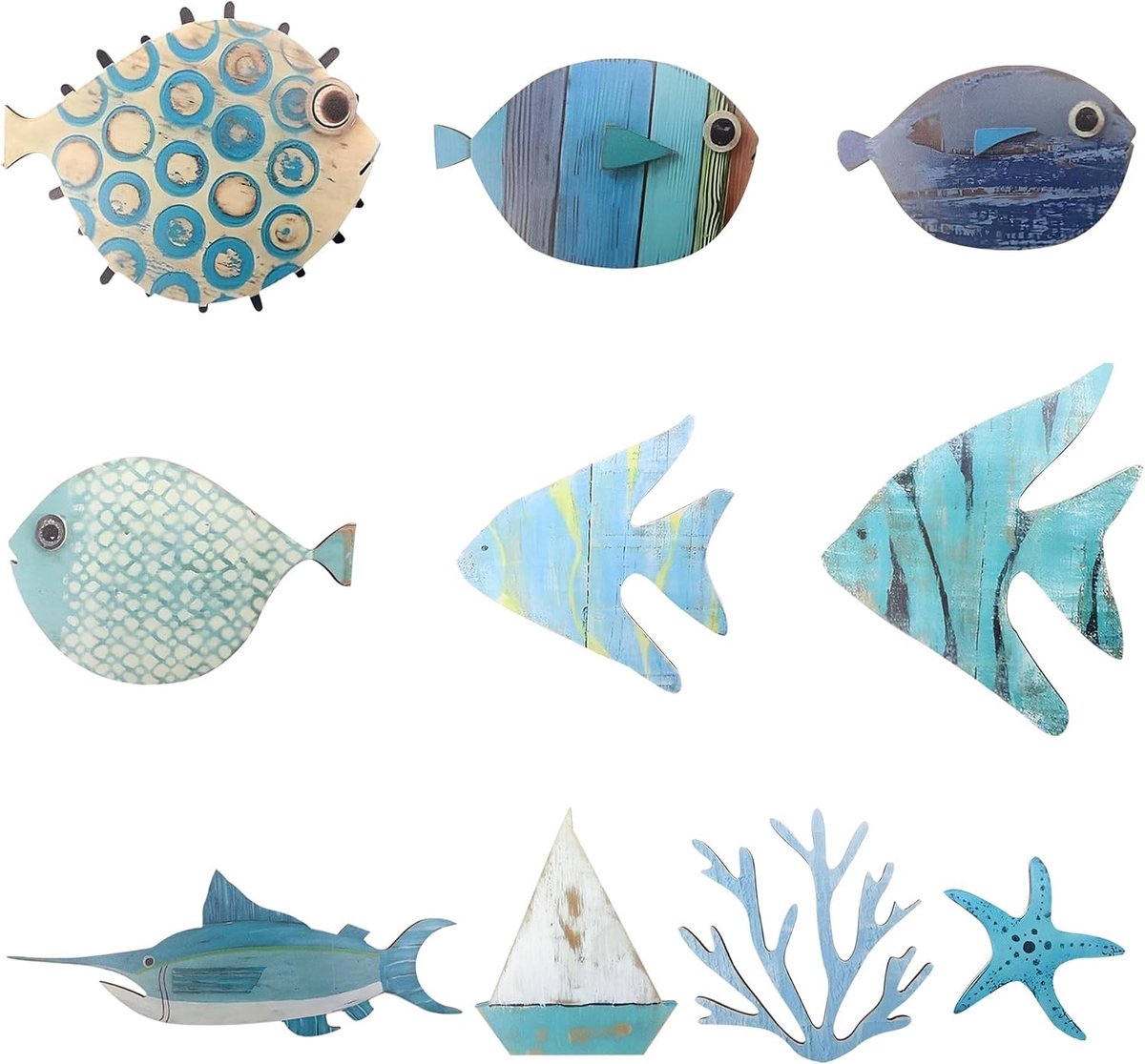 10 Stuks Vis Muurdecoratie van Hout voor Strandhuis - Nautische Wandkunst met Lijm, Perfect als Cadeau voor Woonkamer en Badkamer