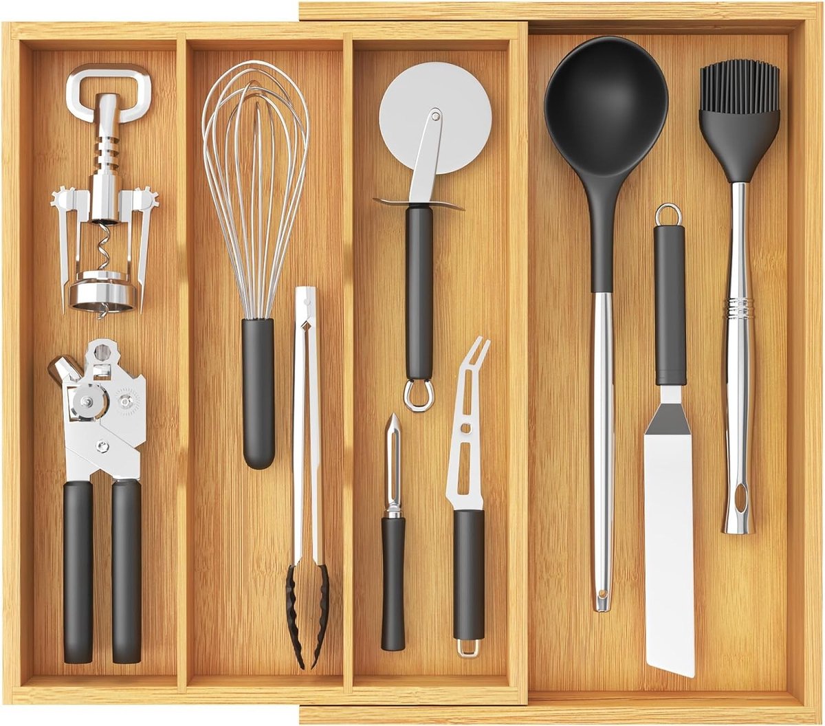 Bestekbak voor 114 delen - Naturel - Verstelbare Uitschuifbare Besteklade tot 55 cm - Bamboe Keukenorganizer met 3-4 Compartimenten