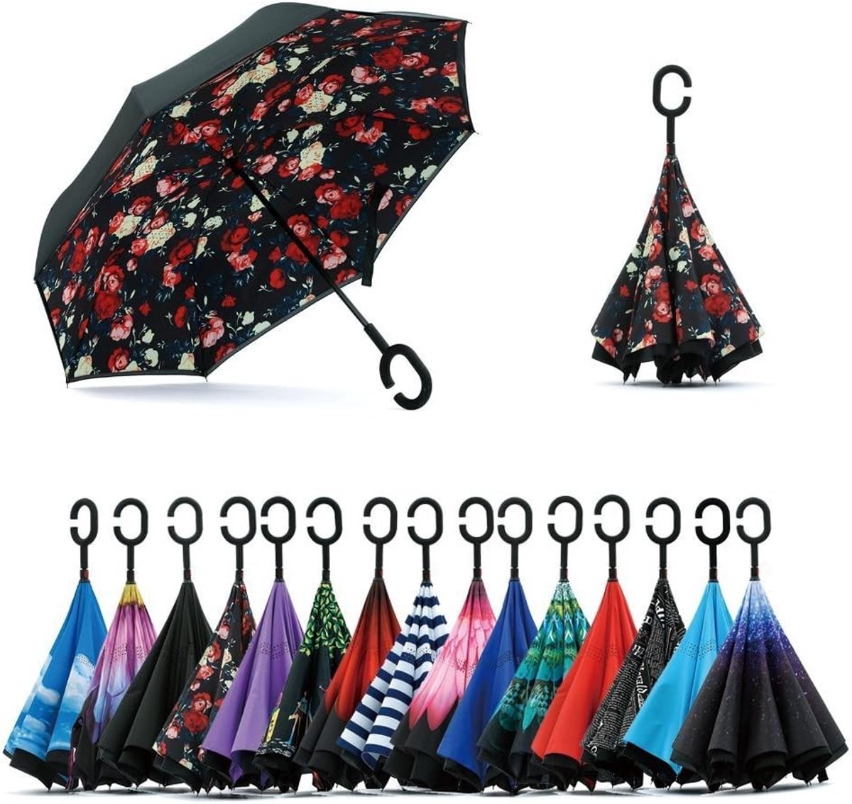 Strandparasol met draagtas - Bloemenpatroon - Dubbellaags - Omgekeerde Paraplu met C-vormig Handvat - UV-bescherming en Winddicht