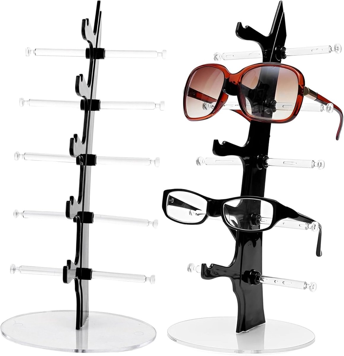 Pack van 2 glazen standaards voor 5 brillen, multifunctionele tentoonstellingsstand voor zonnebrillen en optische brillen, zwart brillenhouder voor opslag en presentatie (34 x 16 cm)