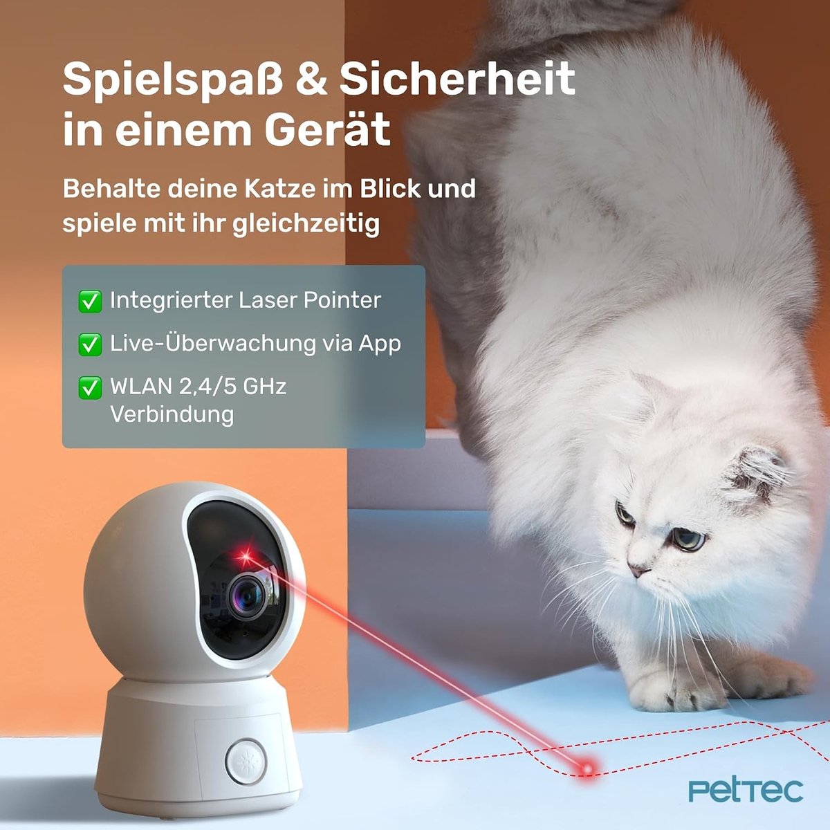 Petcam - Zwart - Huisdiercamera met 4 MP Panoramisch Zicht en Laserpointer - Interactieve Beveiliging voor Katten