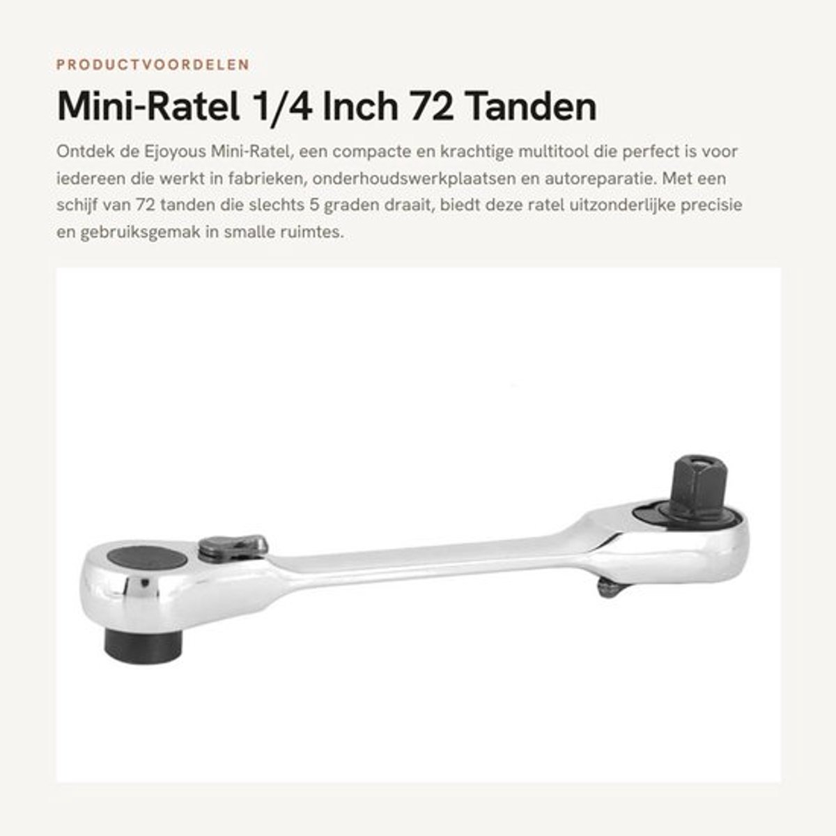 Mini-Ratel 1/4 Inch - 72 Tanden Aandrijving - Professionele Tool - Antislip Handgreep - Verchroomd Oppervlak - Schokdempend Ontwerp - Schroevendraaier