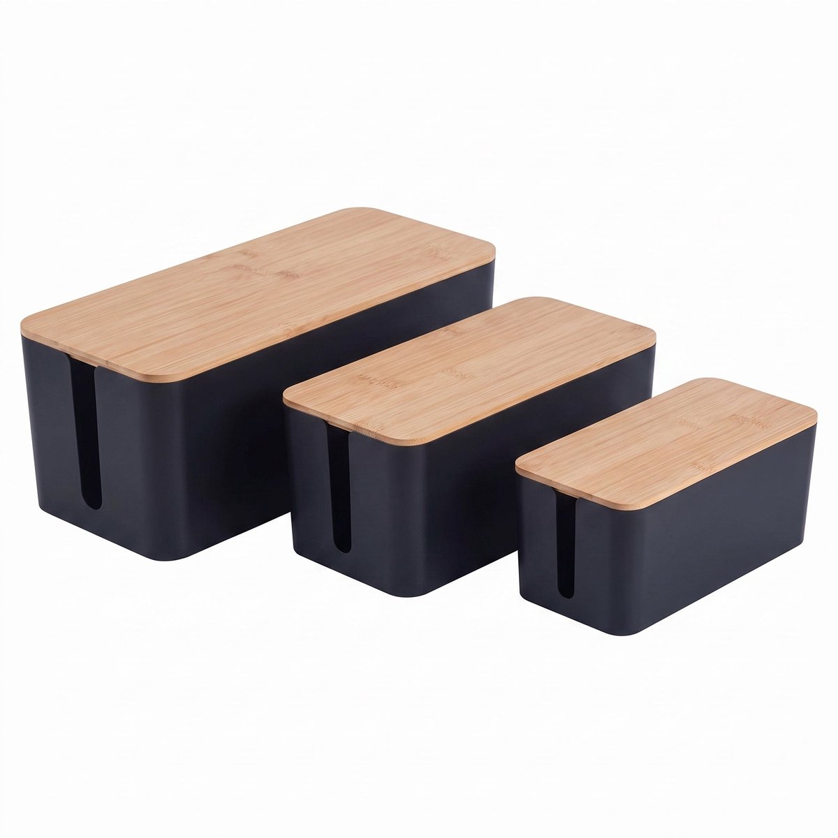 Cheqo® Kabelbox Set van 3 - Kabeldoos - Opbergbox Stekkerdoos - Kabel Opbergbox - Kabelbox voor Snoeren Wegwerken - Kabel Organizer - Kabel Organiser - Kabelmanagement - Kabelbeheer - Kabelbox met Bamboe Deksel - Cable Box - Bureau - Zwart