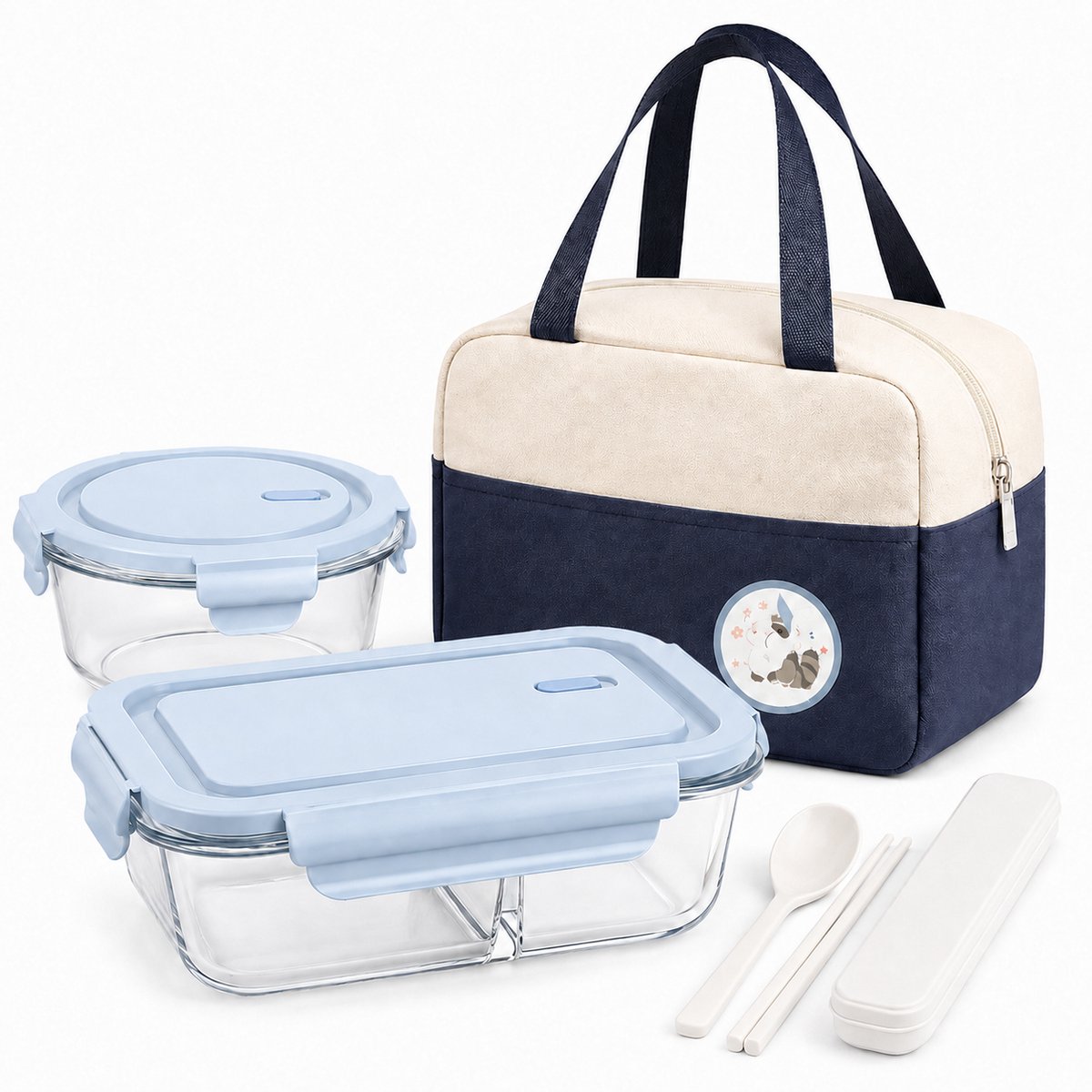 Bobypet - Glazen Lunchbox met Vakken - 1060ml Voedselopslag Bakje met Soepkom, Bestek en Isolatietas - Ideale Bento Box voor School en Werk - Blauw