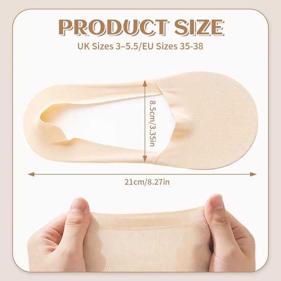 Maattabel voor beige onzichtbare sokken: 21 cm lang, 8,5 cm breed. Tekst: 'PRODUCT SIZE, UK Sizes 3–5.5/EU Sizes 35-38'.