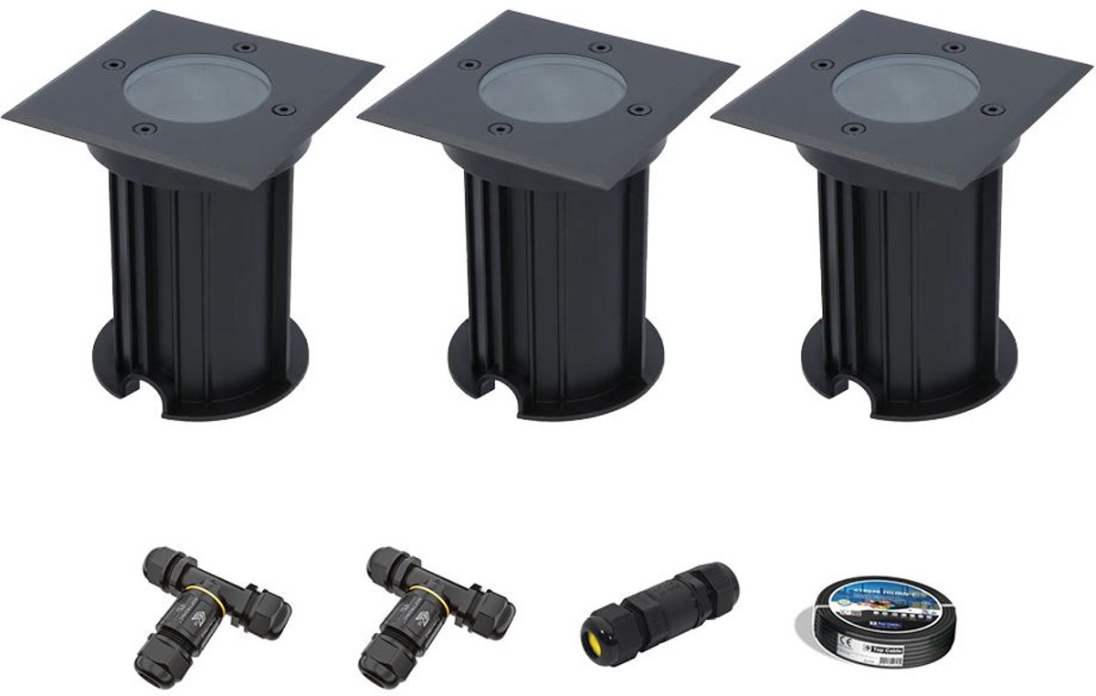 Set van 3 Ramsay LED Grondspots - Vierkant - Dimbaar - GU10 - Excl. Lichtbron - Tuinspot - Zwart - IP67 waterdicht - Overrijdbaar voor de Oprit, Tuin en Terras - Inclusief installatiemateriaal (Kabel & connector)