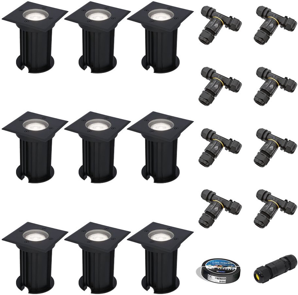 Set van 9 Ramsay LED Grondspots Vierkant - Dimbaar - GU10 - 6500K daglicht wit - 4W 345lm - Tuinspot - Zwart - IP67 waterdicht - Overrijdbaar voor de Oprit, Tuin en Terras - Inclusief installatiemateriaal (Kabel & connector)