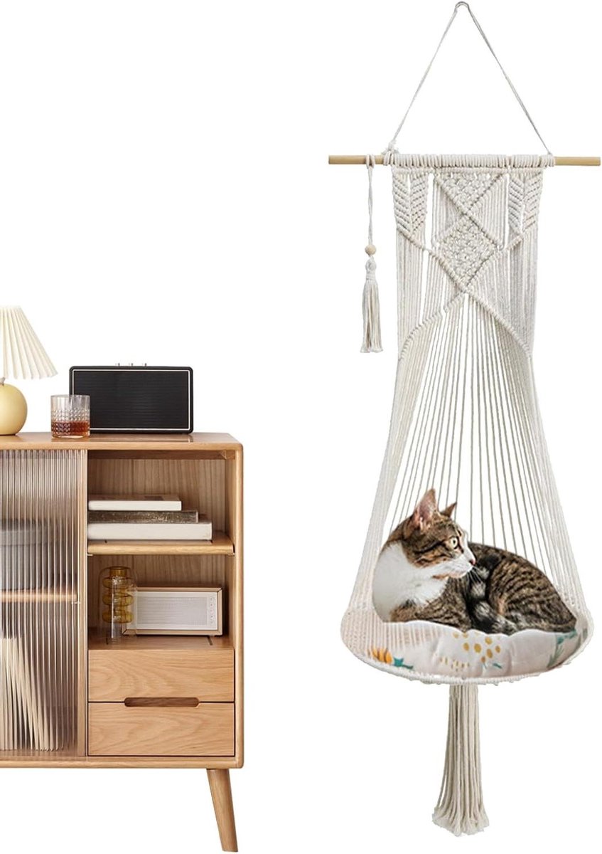 Kattenhangmat Macramé - Kattenbed Hangend - Ontspannen Kat - Handgeweven Boho Stijl - 40 x 36 x 36 cm